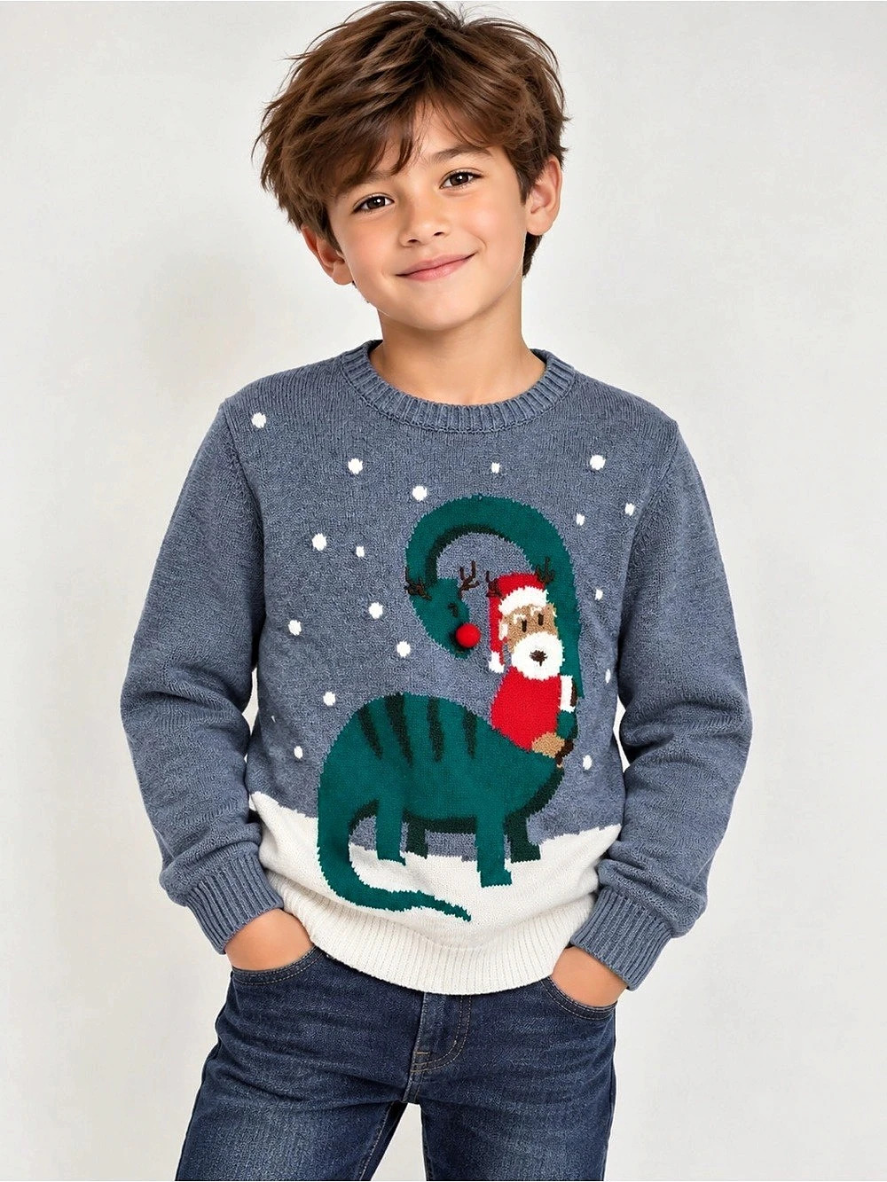H&M Kids Dinosaur Christmas Sweater Boys 8-10Y Blue & White